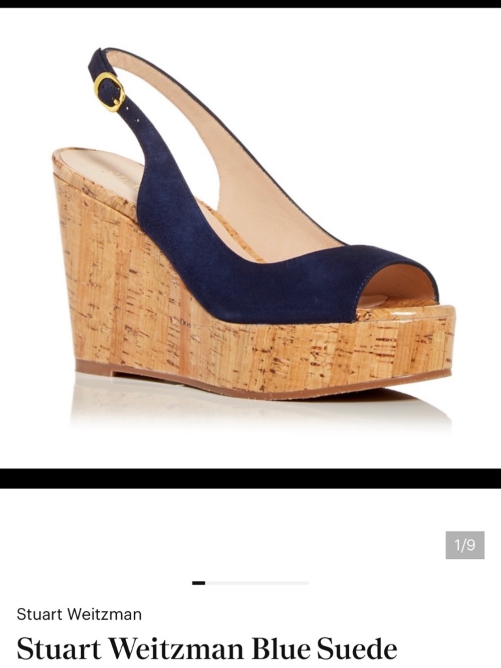 Stuart Weitzman Navy Suede Peep-Toe Slingback Heels with Gold Buckle